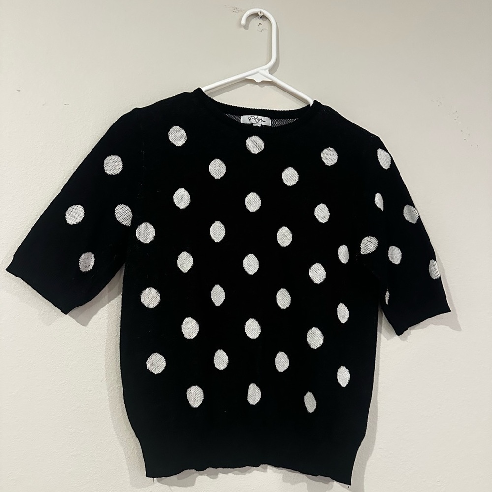 Black & White Polka Dot Short Sleeve Knit Sweater | Women’s Medium